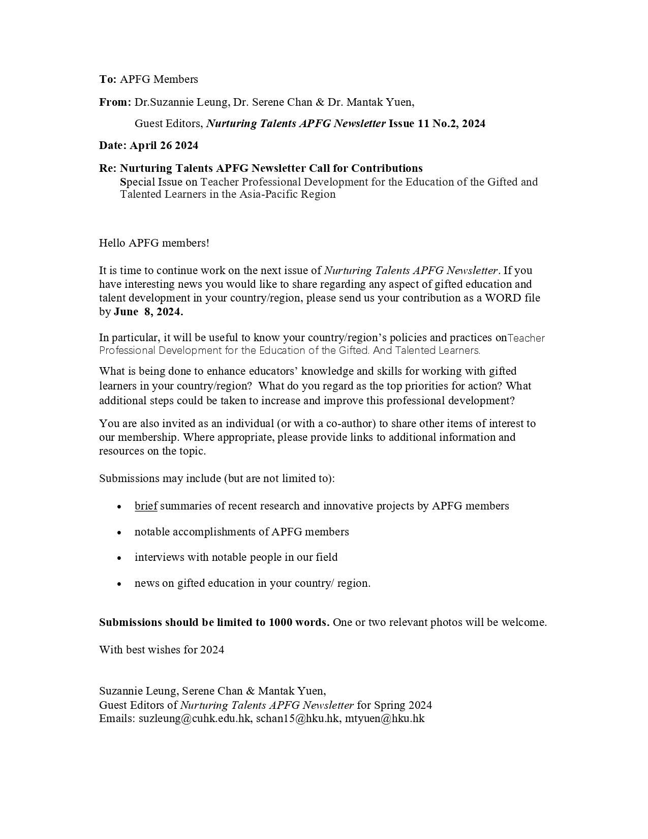 [APFG Newsletter 2024] Call for Contributions